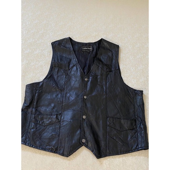 Leather Works Men’s Genuine Leather Black Patchwork Motorcycle Biker Vest XXL - Picture 2 of 16